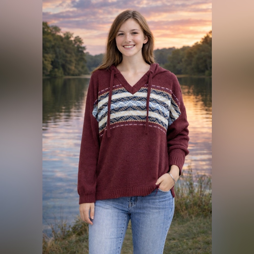 C&C California V-Neck Burgundy Hooded Sweater